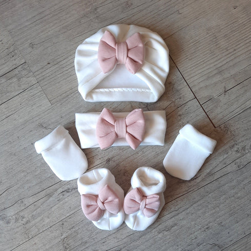 Ensemble prenom brodé Turban blanc nœud rose + moufles + bandeau + chaussons assortis. tissu chaud ou fin au choix